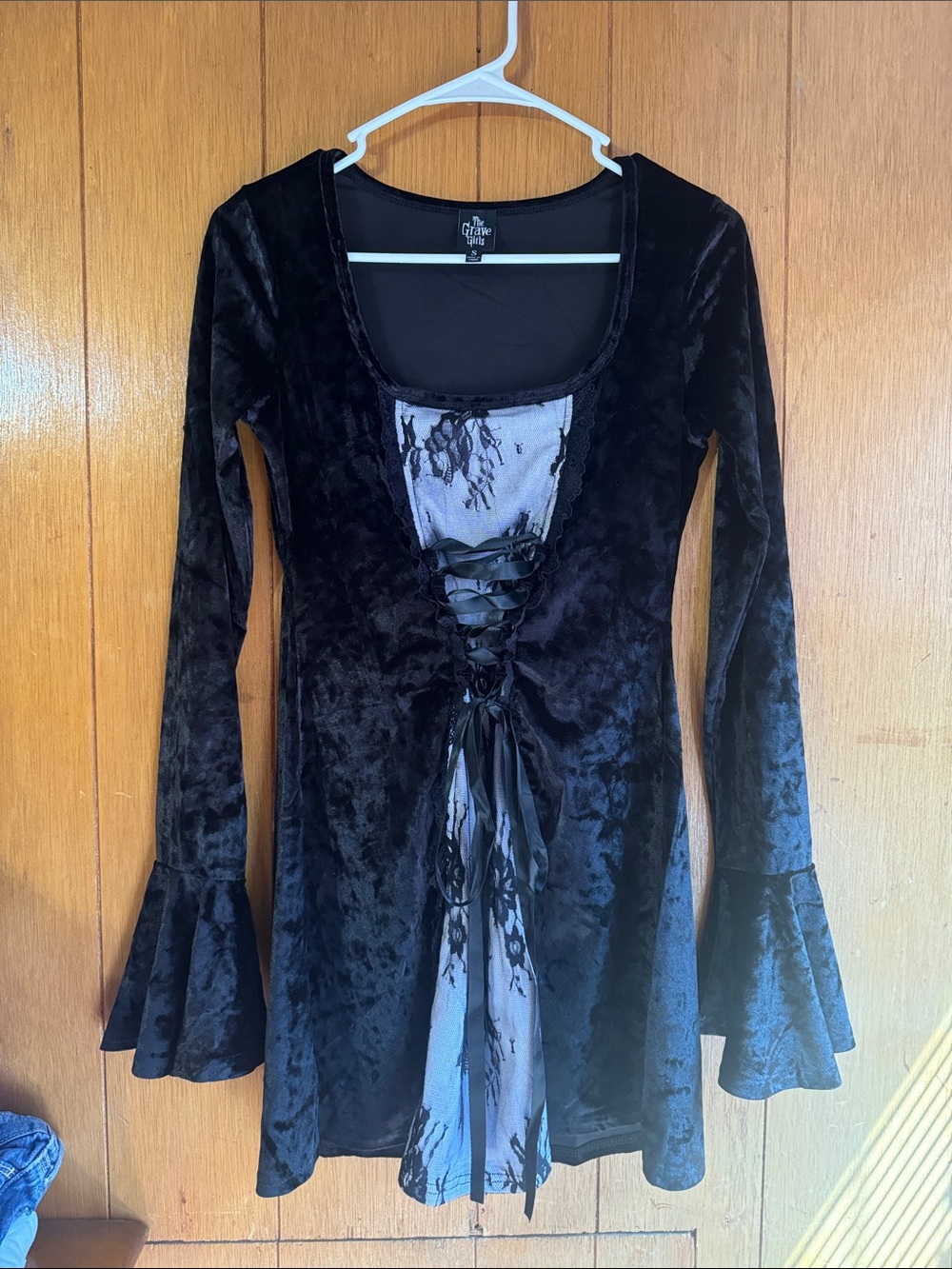 Gothic Lace-Up Velvet Mini Dress - Black